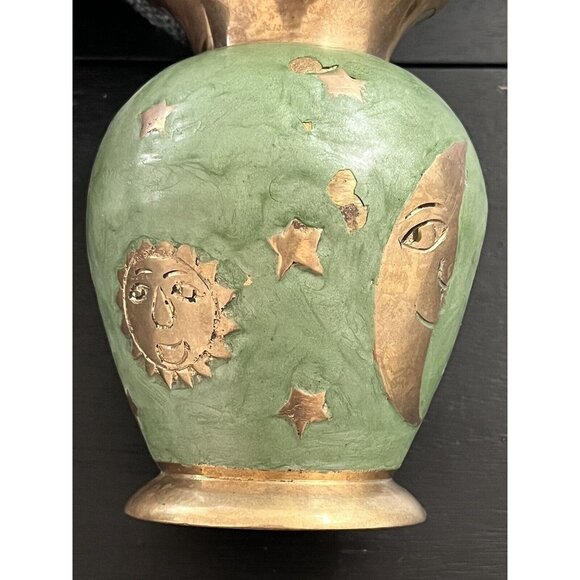 Solid Brass & Green Enamel Vase Celestial Sun Moon Stars Made in India 4-3/4" - Picture 3 of 14